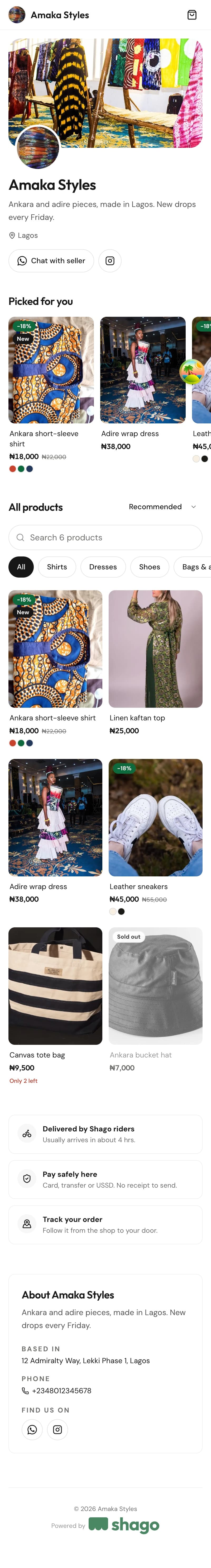 The Amaka Styles shop on Shago: a banner, featured pieces, a product grid, delivery and payment details.